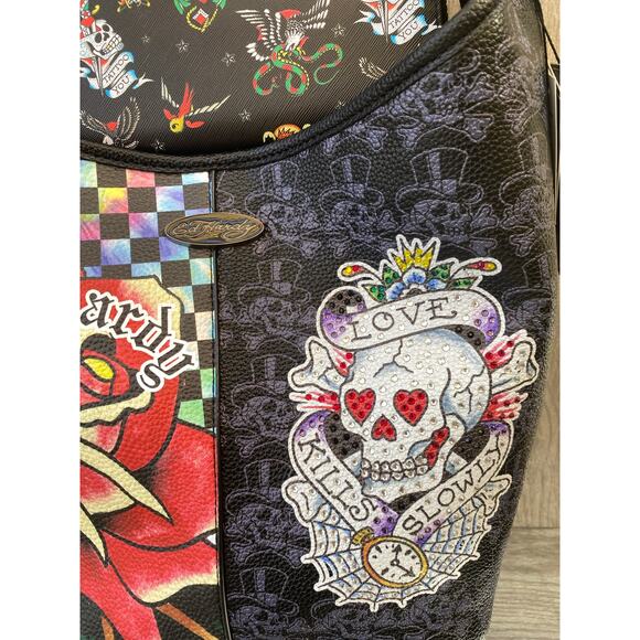 Ed Hardy Embellished Bag & Wallet Set | Skull Rose Tattoo Print - Picture 10 of 11